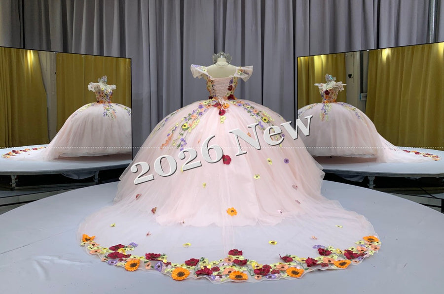 Off Shoulder Quinceañera Ball Gown with 3D Floral Appliqué & Full Tulle Skirt – 2026 Collection