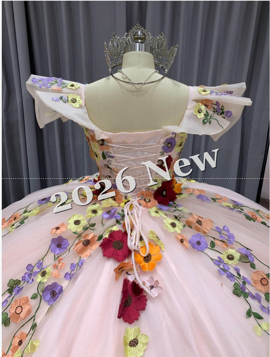 Off Shoulder Quinceañera Ball Gown with 3D Floral Appliqué & Full Tulle Skirt – 2026 Collection