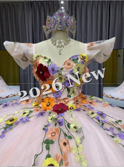Off Shoulder Quinceañera Ball Gown with 3D Floral Appliqué & Full Tulle Skirt – 2026 Collection