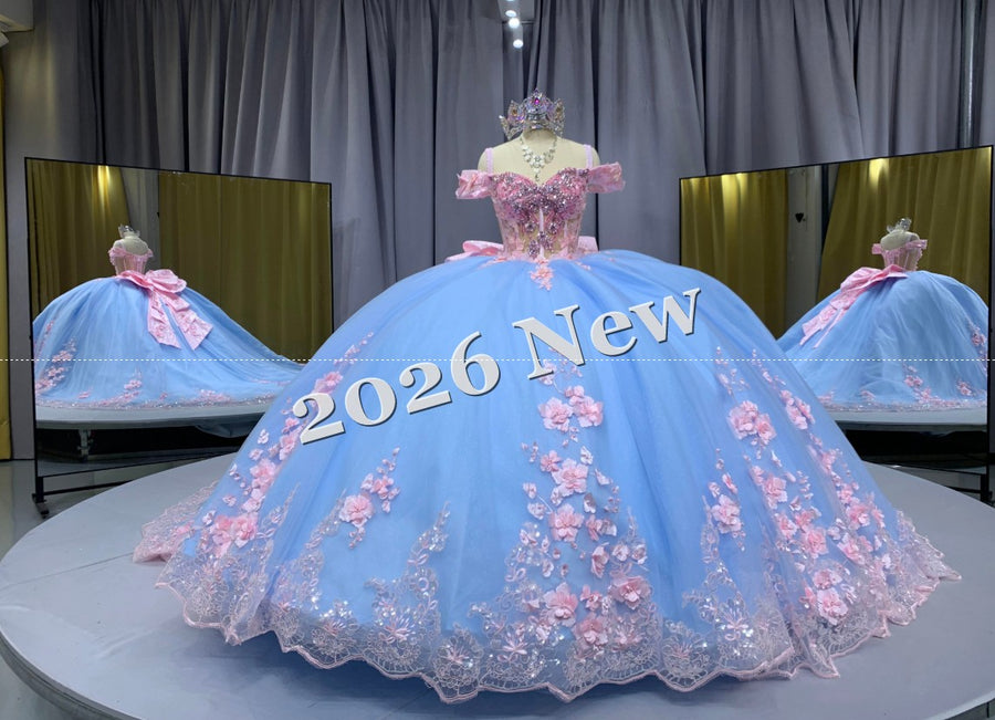 Off Shoulder Quinceañera Ball Gown with 3D Floral Appliqué & Full Tulle Skirt – 2026 Collection