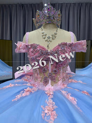Off Shoulder Quinceañera Ball Gown with 3D Floral Appliqué & Full Tulle Skirt – 2026 Collection