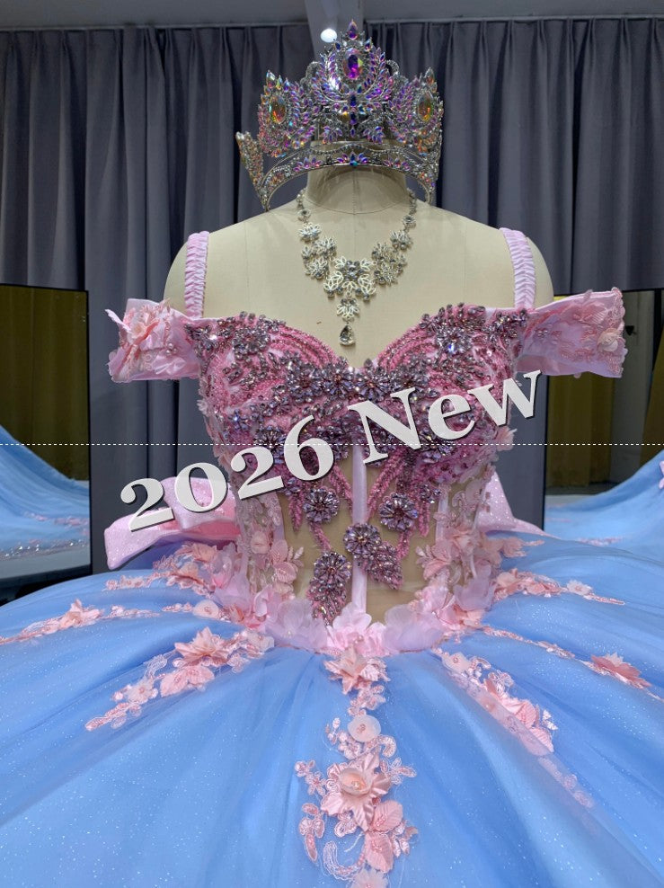 Off Shoulder Quinceañera Ball Gown with 3D Floral Appliqué & Full Tulle Skirt – 2026 Collection