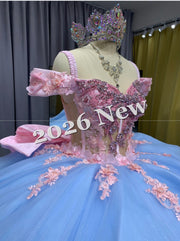 Off Shoulder Quinceañera Ball Gown with 3D Floral Appliqué & Full Tulle Skirt – 2026 Collection