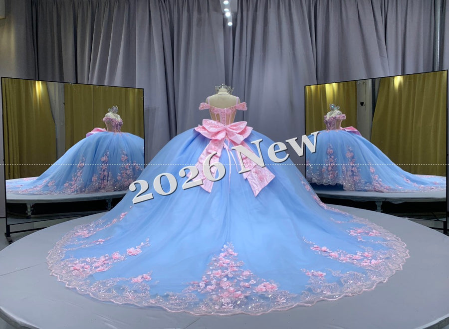 Off Shoulder Quinceañera Ball Gown with 3D Floral Appliqué & Full Tulle Skirt – 2026 Collection
