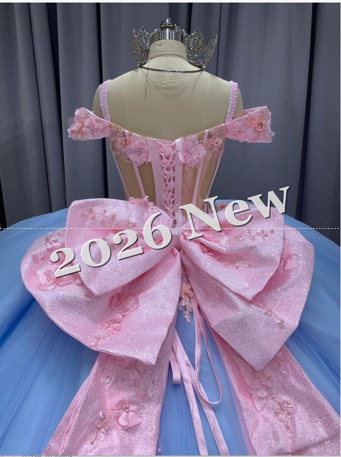 Off Shoulder Quinceañera Ball Gown with 3D Floral Appliqué & Full Tulle Skirt – 2026 Collection
