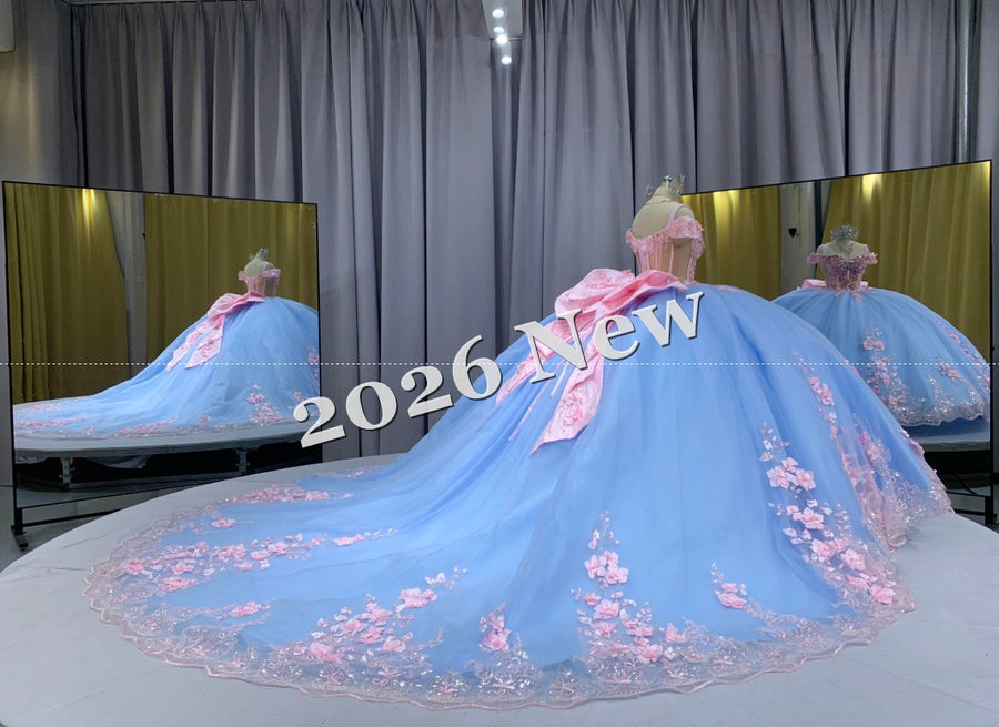 Off Shoulder Quinceañera Ball Gown with 3D Floral Appliqué & Full Tulle Skirt – 2026 Collection
