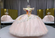 Off Shoulder Quinceañera Ball Gown with 3D Floral Appliqué & Full Tulle Skirt – 2026 Collection