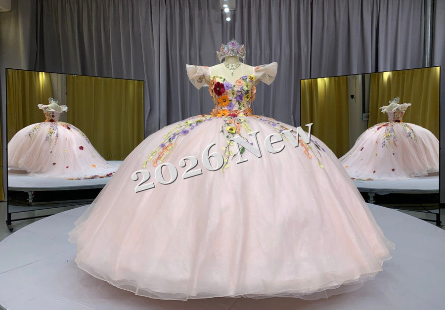 Off Shoulder Quinceañera Ball Gown with 3D Floral Appliqué & Full Tulle Skirt – 2026 Collection