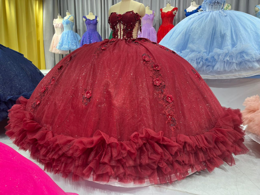 Floral Embellish Tulle Ruffle Corset Quinceanera Dress Applique 15 Anos Dress