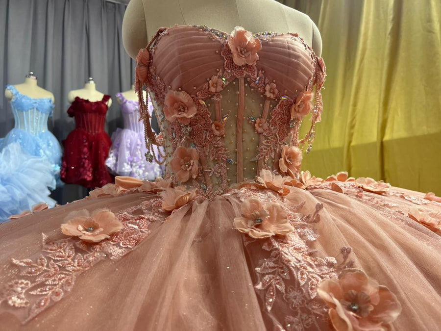 Floral Embellish Tulle Ruffle Corset Quinceanera Dress Applique 15 Anos Dress