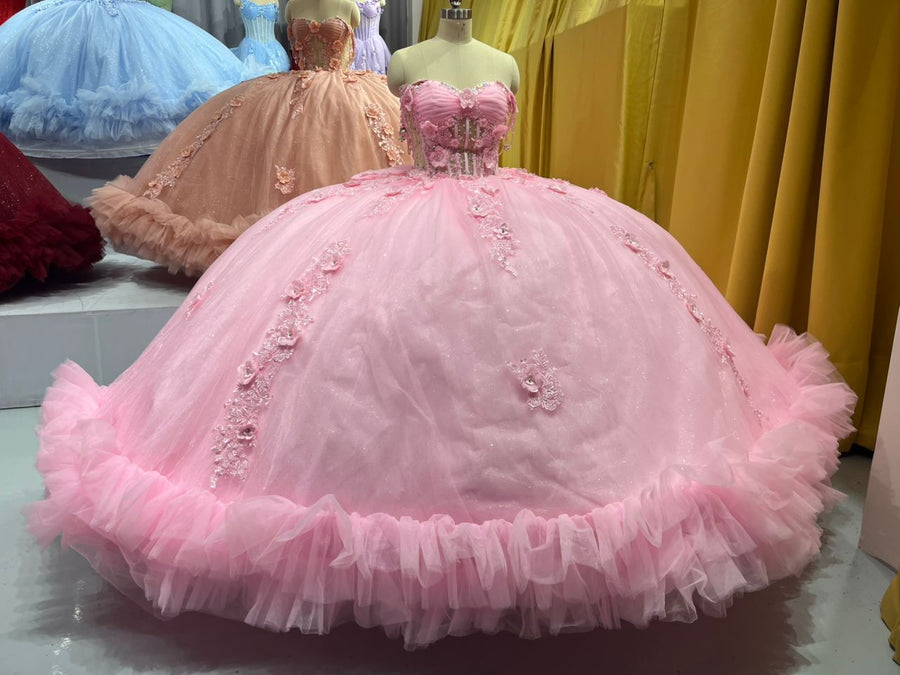 Floral Embellish Tulle Ruffle Corset Quinceanera Dress Applique 15 Anos Dress