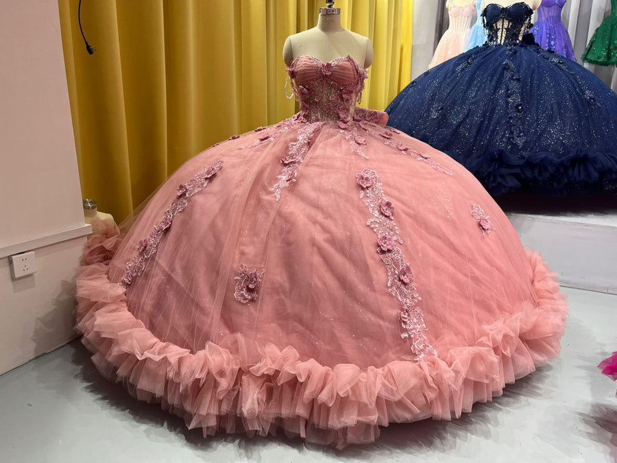 Floral Embellish Tulle Ruffle Corset Quinceanera Dress Applique 15 Anos Dress