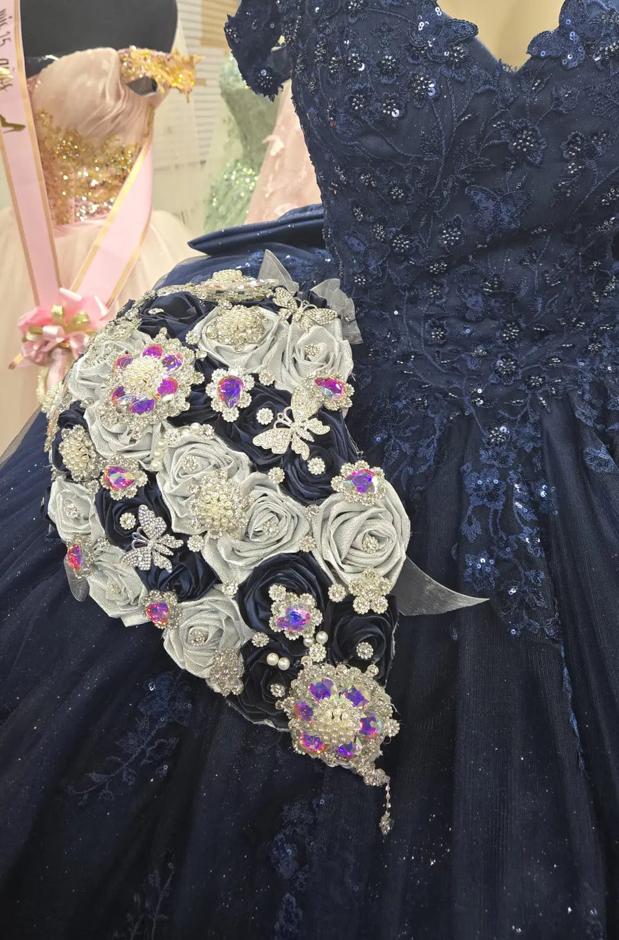 2026 Crystal Quinceanera Ramo Rhinestone & Satin Flower Handcrafted Bouquet